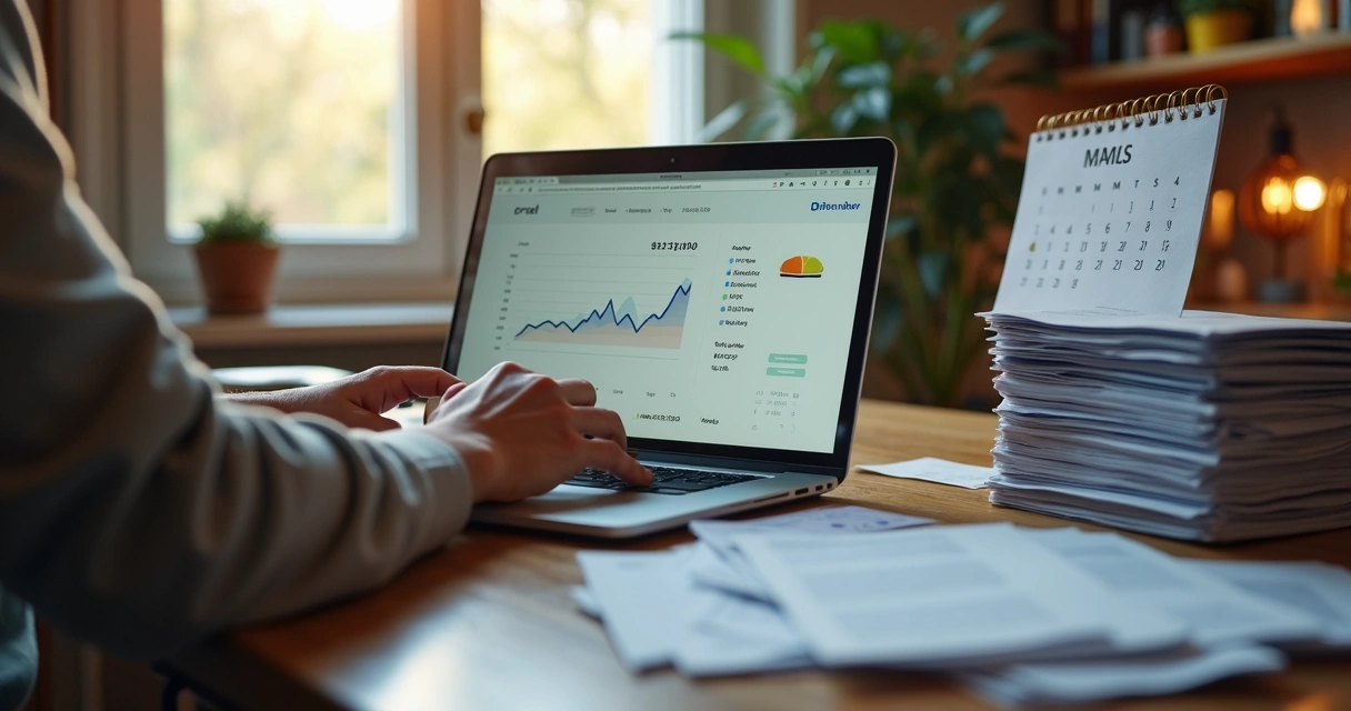 Person checking credit score and organizing financial documents 