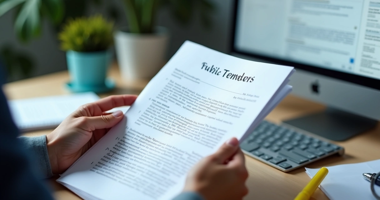Pessoa analisando edital de licitação em tela e papéis 