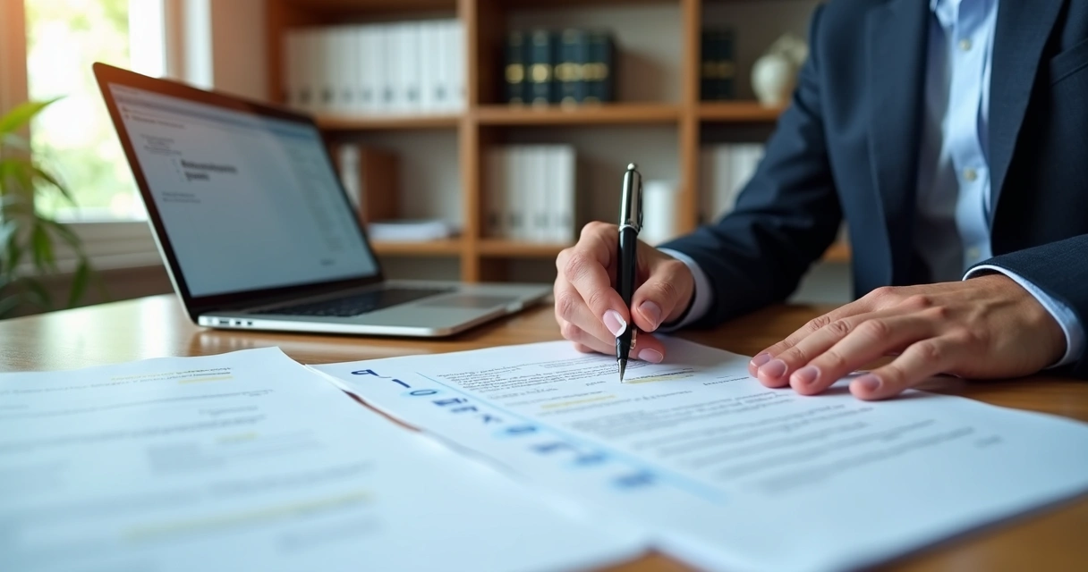 Pessoa analisando edital de licitação com documentos e computador em ambiente de escritório moderno 