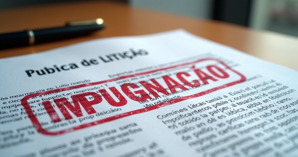 Documento de edital de licitação aberto sobre mesa com carimbo de impugnação aplicado e caneta ao lado 