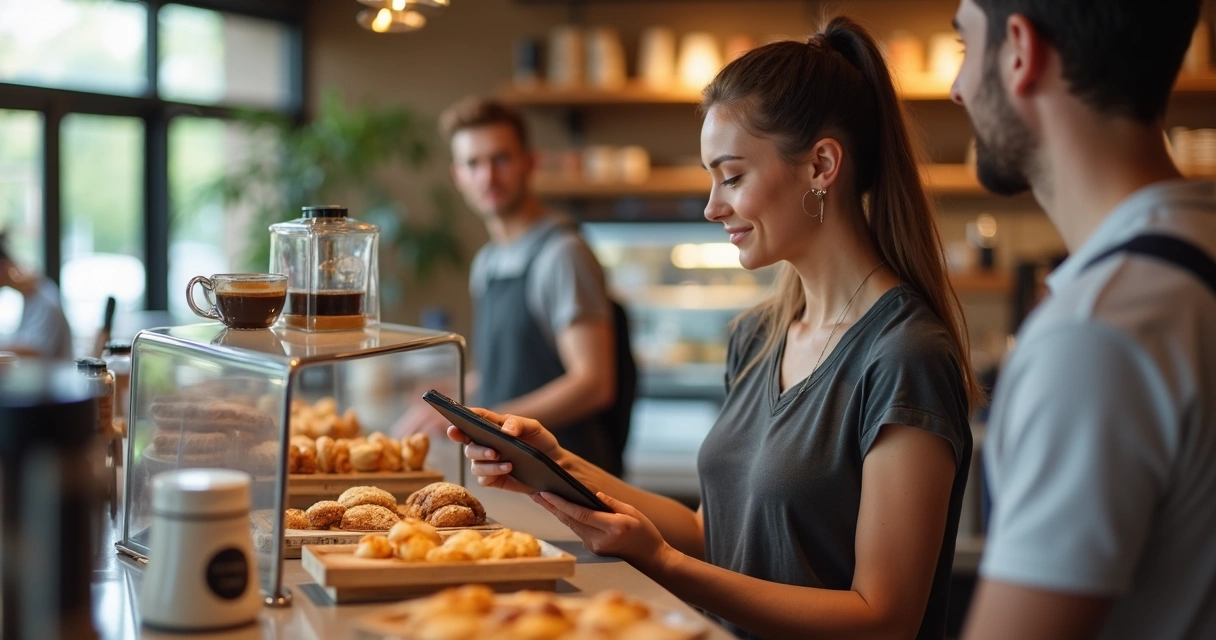 Person paying at a coffee shop counter with assorted pastries and drinks around