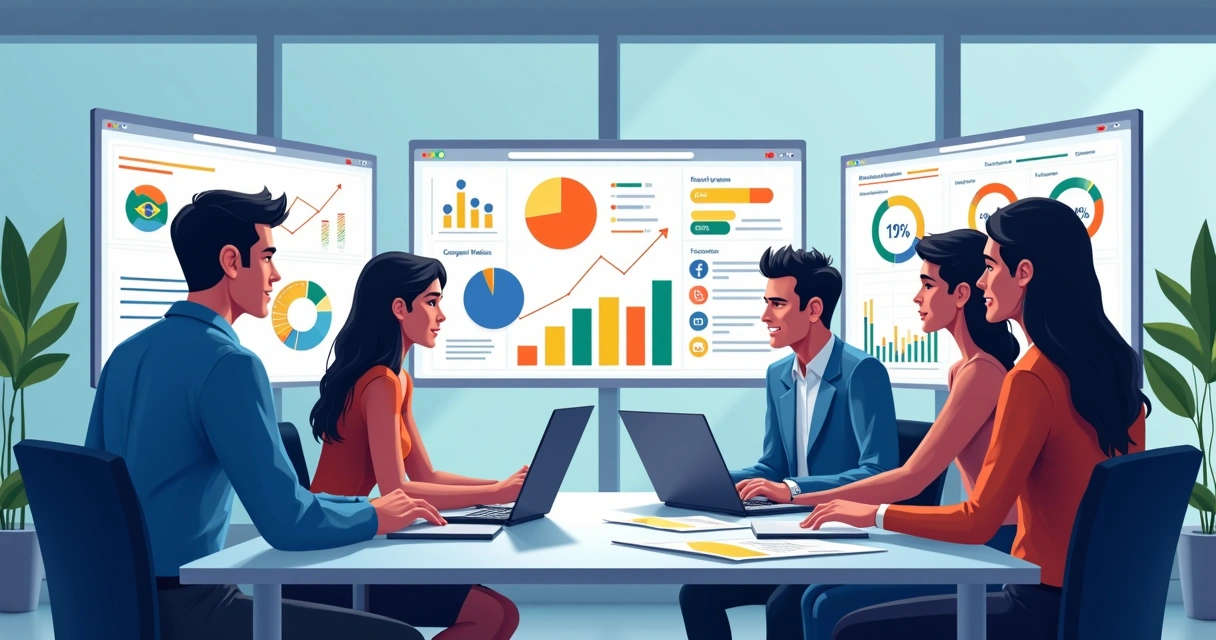 Equipe monitorando campanha digital em telas animadas 