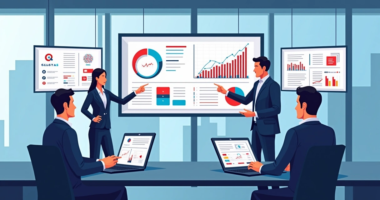 Equipe de marketing analisando dados de campanhas eleitorais nas redes sociais em ambiente de trabalho moderno. 