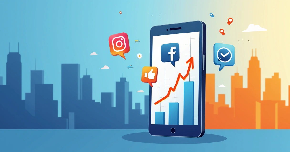 Tela de celular com ícones de redes sociais e gráficos de impulsionamento de campanhas 