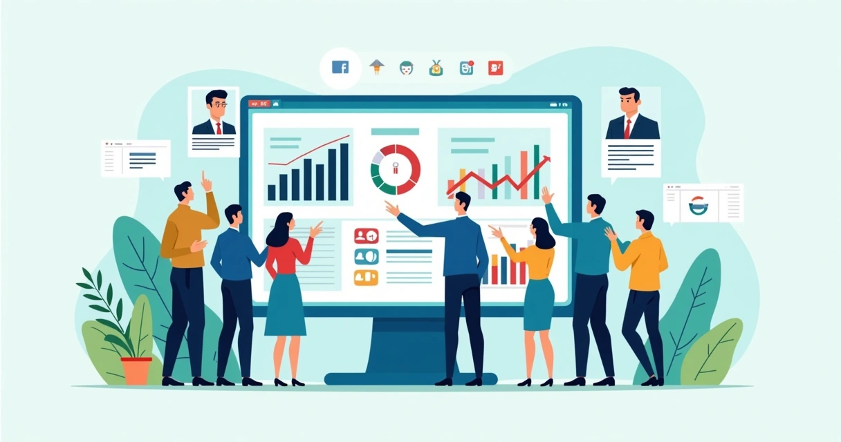 Equipe analisa painel digital de impulsionamento em campanha eleitoral 