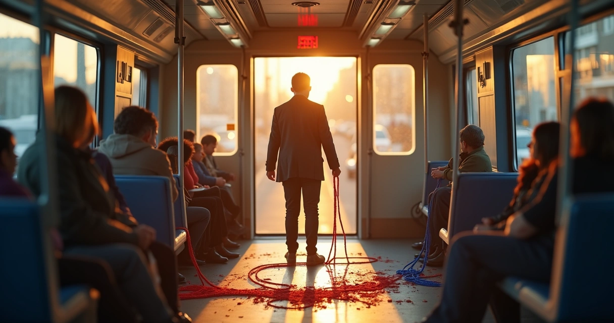 Pessoa em trem segurando duas cordas, uma tensa e outra calma 