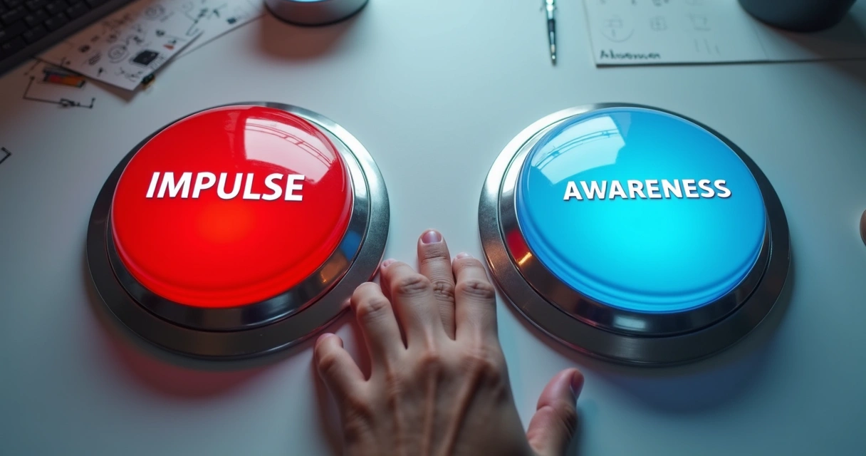 Mano dudando entre dos botones de impulso y conciencia 