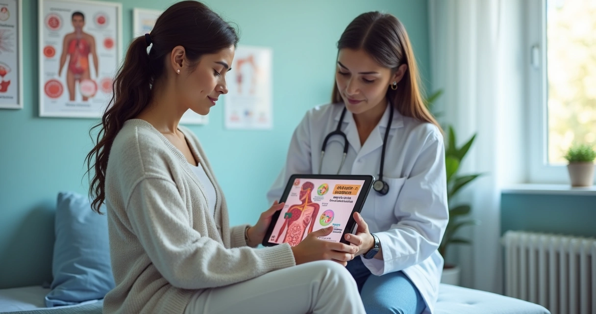 Jovem adulta cansada recebendo orientação de médica em consultório moderno 