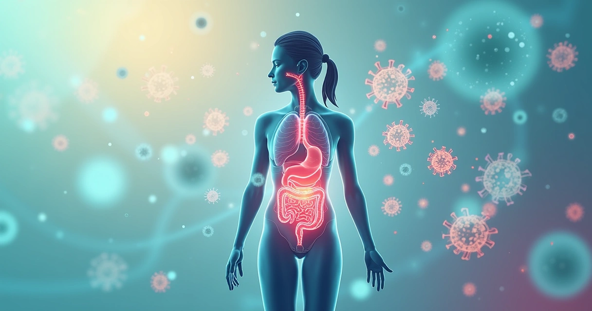 Ilustração de mulher com representações do sistema imunológico. 