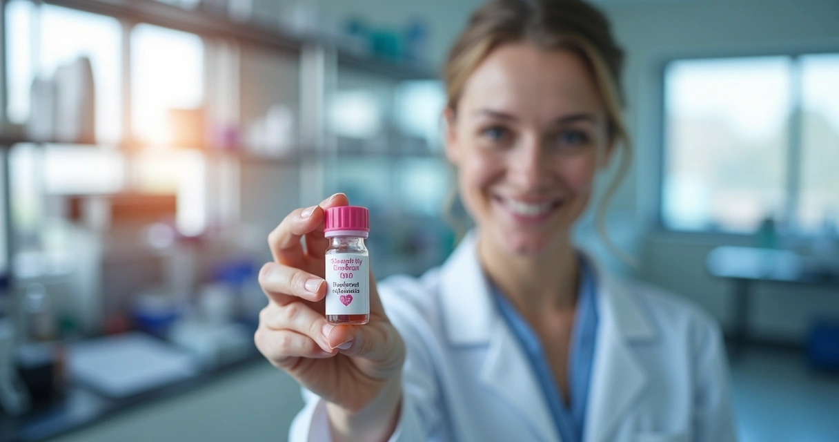 Profissional de saúde segurando frasco de medicamento em laboratório 