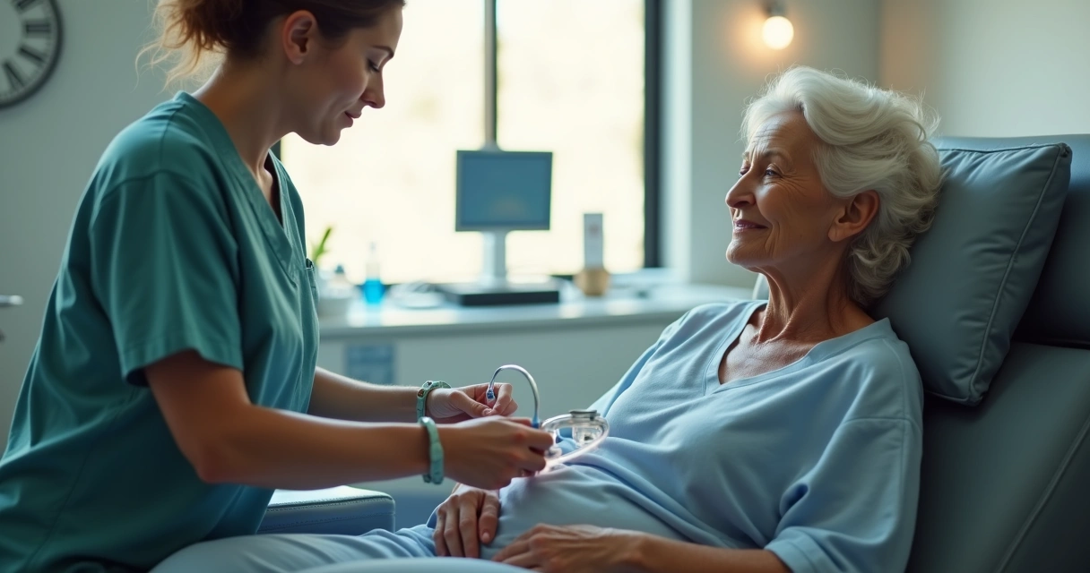 Enfermeira aplicando imunoterapia intravenosa em paciente oncológico em clínica moderna 