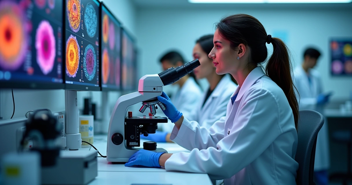 Laboratório com profissionais analisando células tumorais com microscópios e telas digitais 