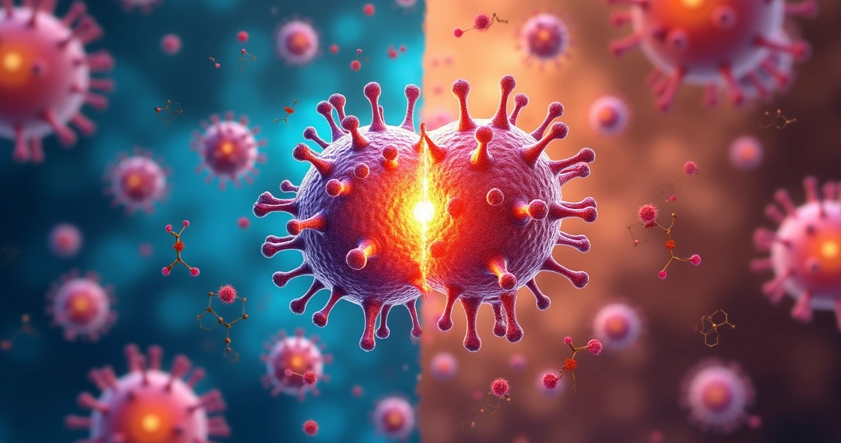 Ilustração de células cancerosas sendo atacadas pelo sistema imunológico e por quimioterapia lado a lado. 