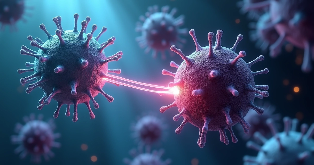 Conceito visual de imunoterapia com célula de defesa atacando célula tumoral 