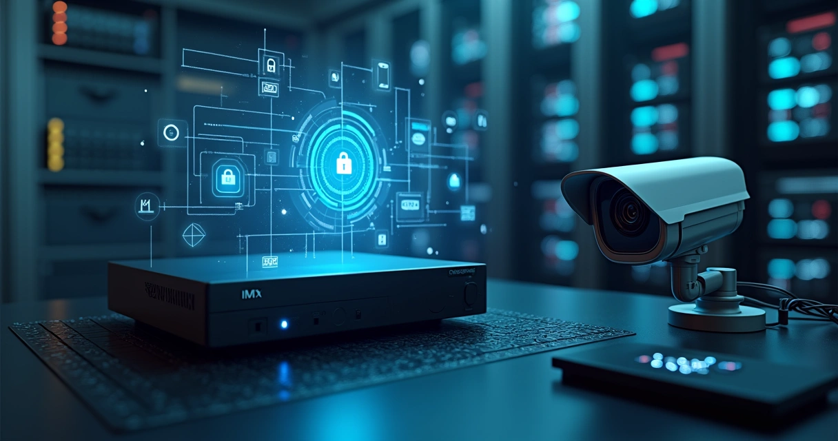 Conceito de IMX aplicado à segurança eletrônica com câmeras e blockchain ao fundo 