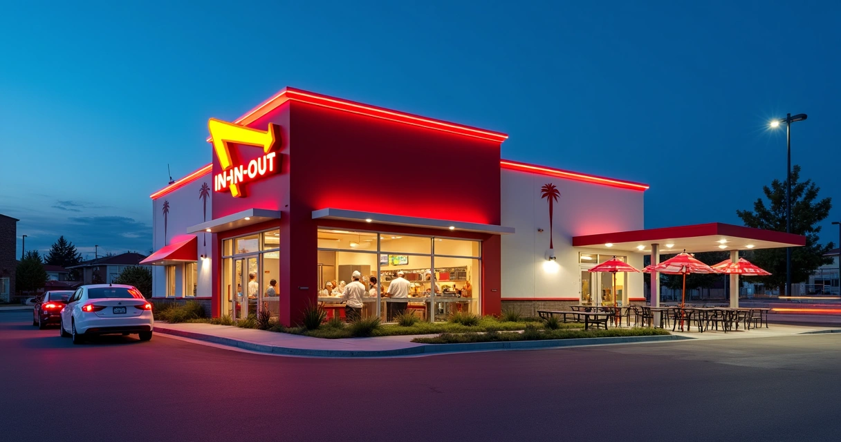 Fachada da In-N-Out Burger em Vancouver à noite com drive-thru movimentado 