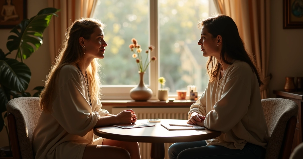 Advisor and client at a table for in-person spiritual consultation 