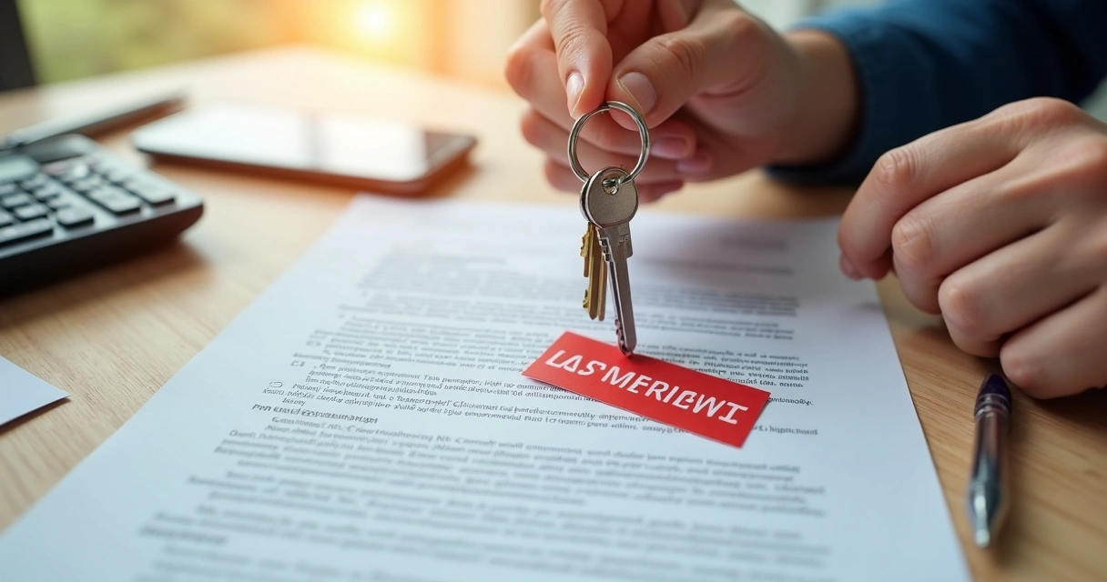 Chaves e contrato de aluguel sobre mesa de madeira clara com avisos de inadimplência 