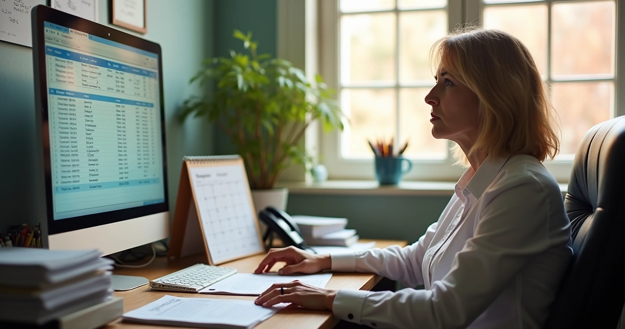 Secretária escolar analisando lista de pagamentos em tela de computador 