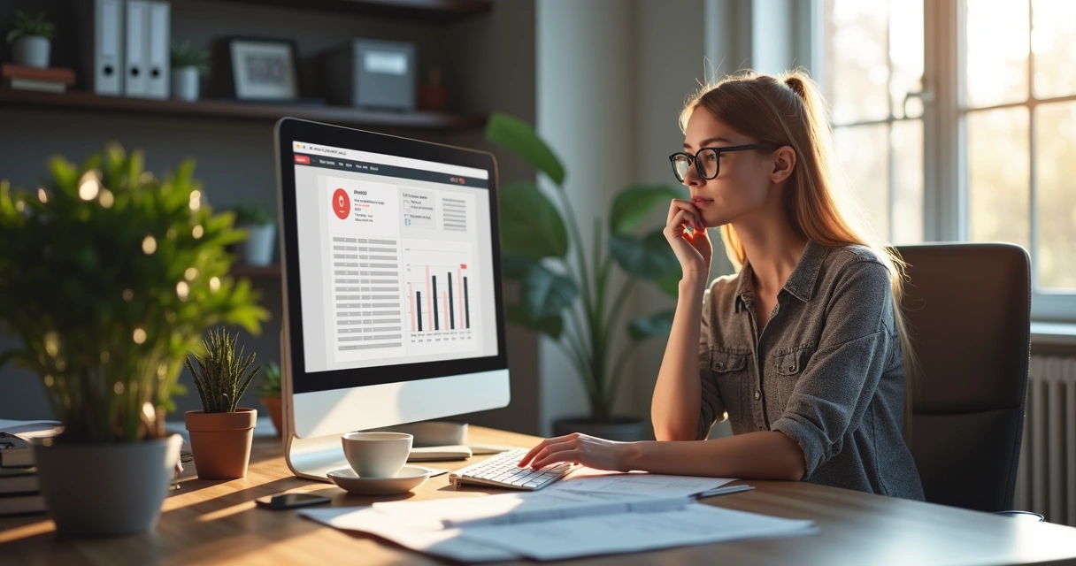 Dona de pequena empresa analisando alerta de pagamento em frente ao computador. 