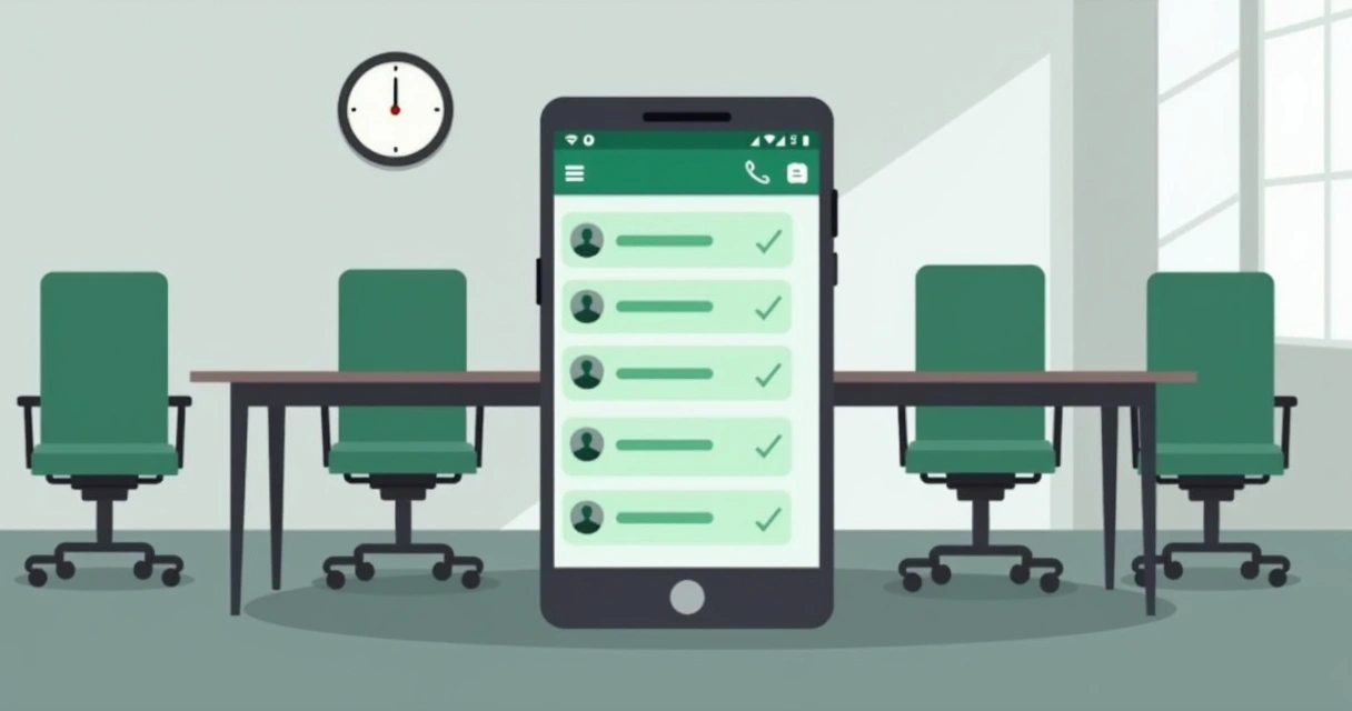 Tela de smartphone mostrando grupo de WhatsApp vazio com cadeiras vazias ao fundo 