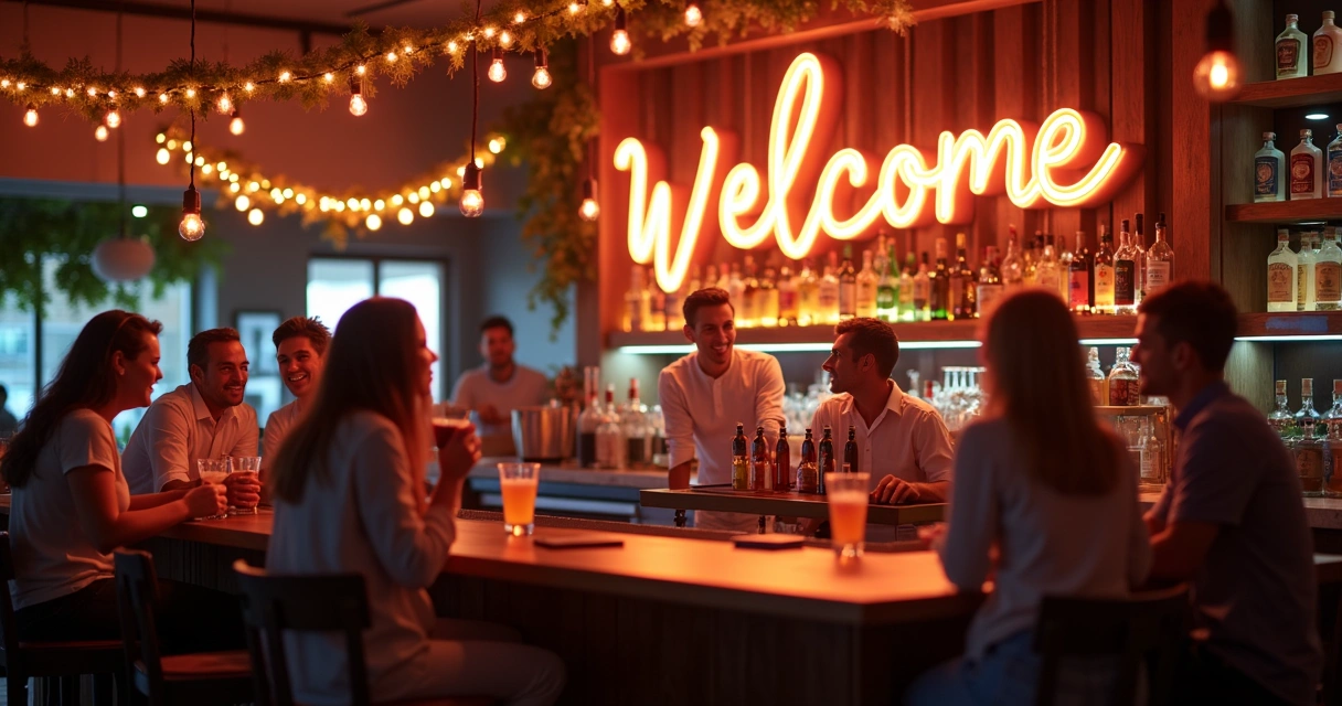 Abertura de bar com convidados em ambiente festivo 