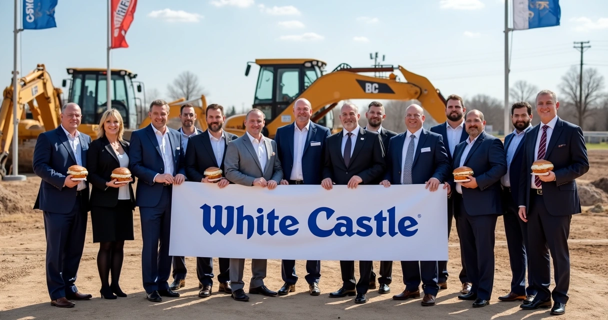 Cerimônia com executivos da White Castle e prefeito de The Colony em frente à placa da obra 