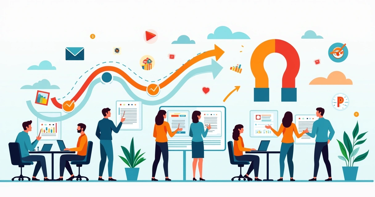 O que é captação de leads e como potencializar canais B2B Ilustração de inbound marketing B2B com parceiros e produção de conteúdo