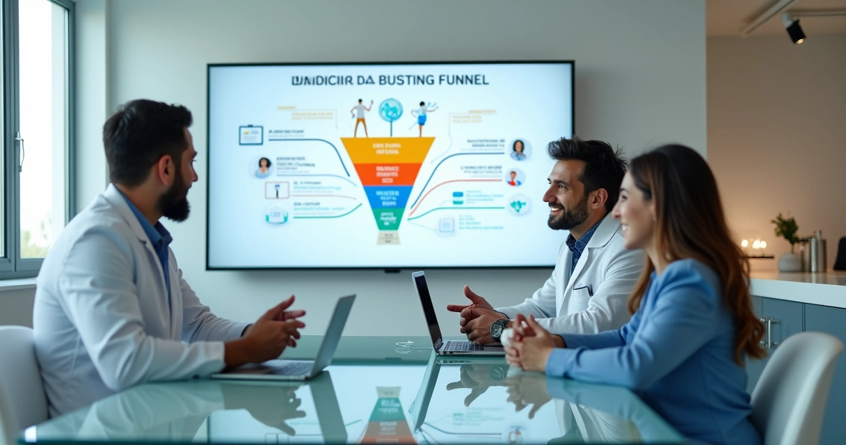 Dentista e equipe analisando funil de inbound marketing em tela com ícones de pacientes e gráficos de crescimento 