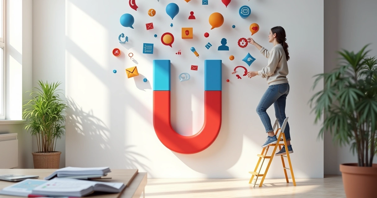 Profissional organiza imã gigante atraindo ícones de clientes e conteúdo 