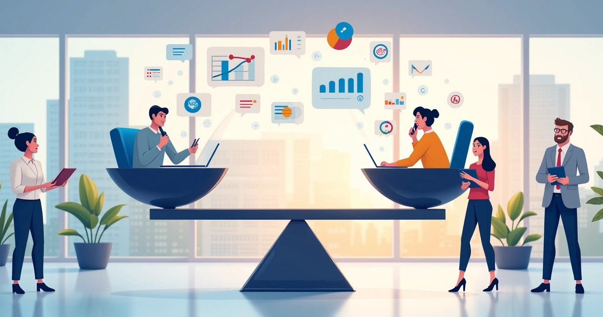 Representação do equilíbrio entre inbound e outbound com balança e equipes dos dois lados