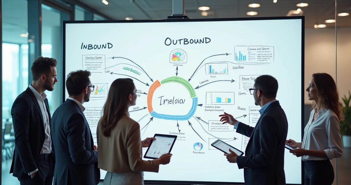 Equipe de marketing alinhando estratégias inbound e outbound juntos em quadro branco 