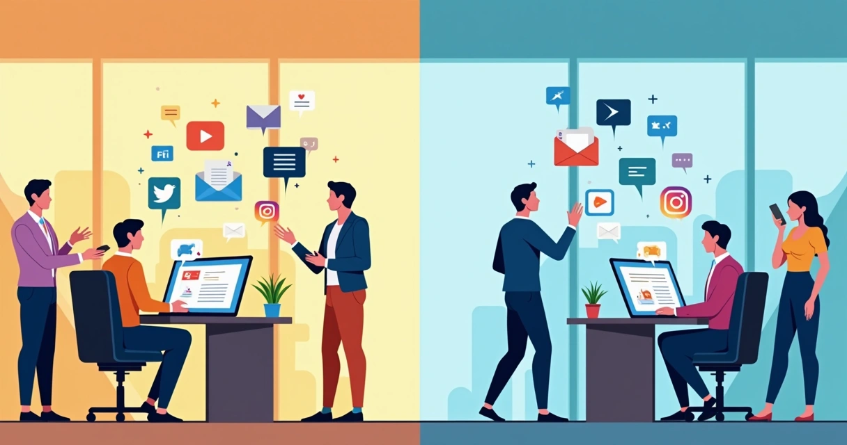 Comparação visual entre inbound e outbound marketing em uma agência digital, com exemplos de canais e abordagem. 