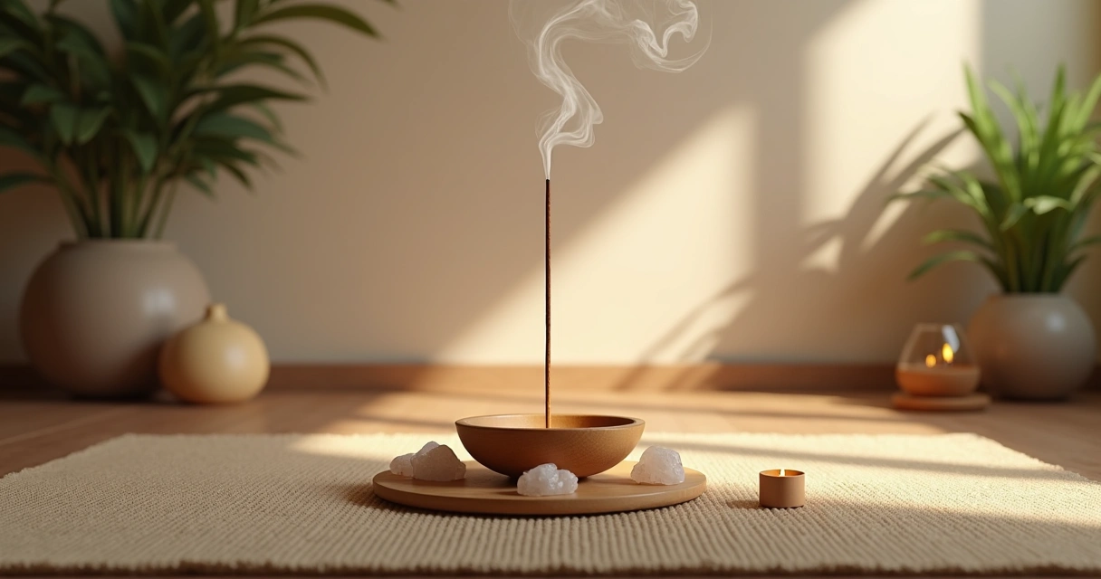 Incenso sendo queimado ao lado de pedras e uma vela acesa 