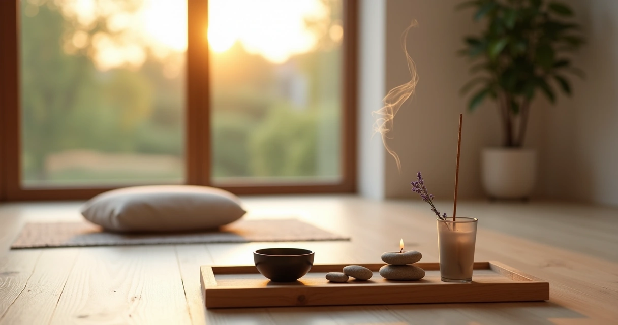 Sala minimalista com incenso aceso à frente de almofada de meditação 