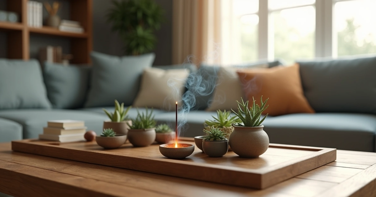 Incenso aceso no centro de uma sala, próximo a plantas 
