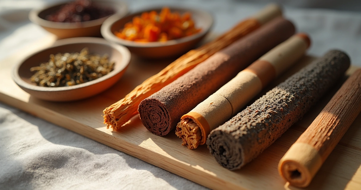 Variedades de incenso em palitos posicionados sobre uma bandeja de madeira