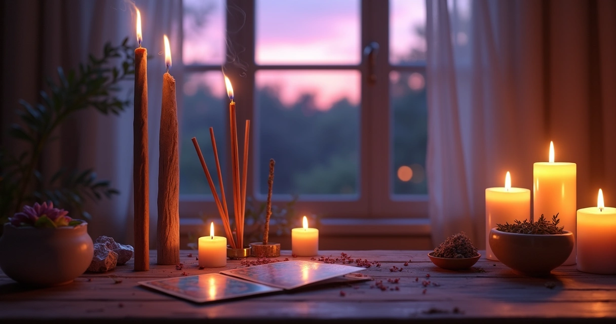 Incensos acesos espalham fumaça suave em um altar com luz de velas 