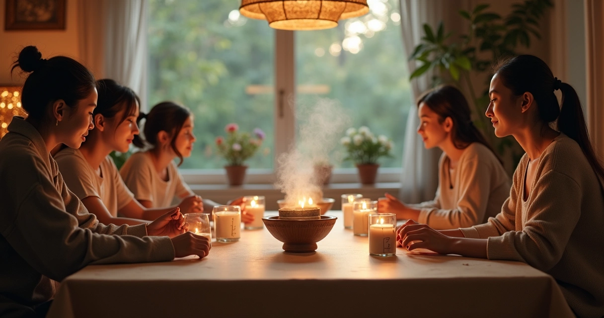 Mesa de jantar familiar com incensos acesos ao centro, ambiente iluminado e tranquilo