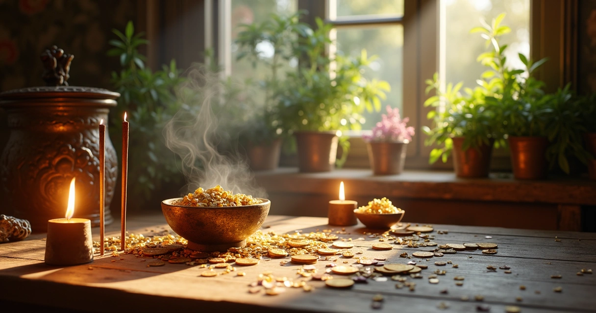 Mesa ritualística com diversos incensos e moedas douradas 