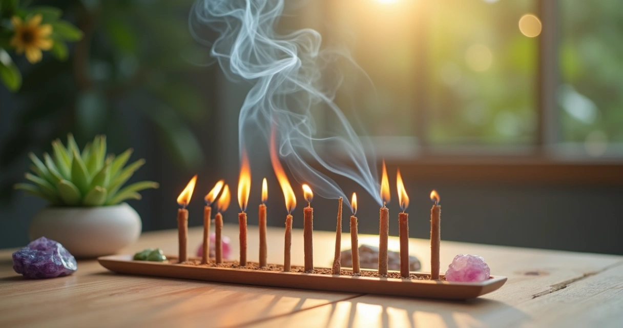 Vários incensos coloridos acesos e em fumacê, organizados sobre uma mesa de madeira clara. 