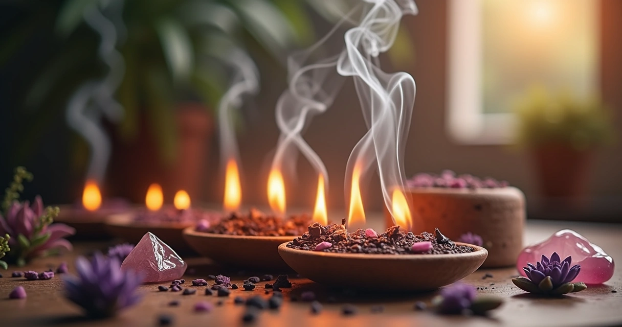 Vários incensos coloridos queimando juntos com fumaça suave