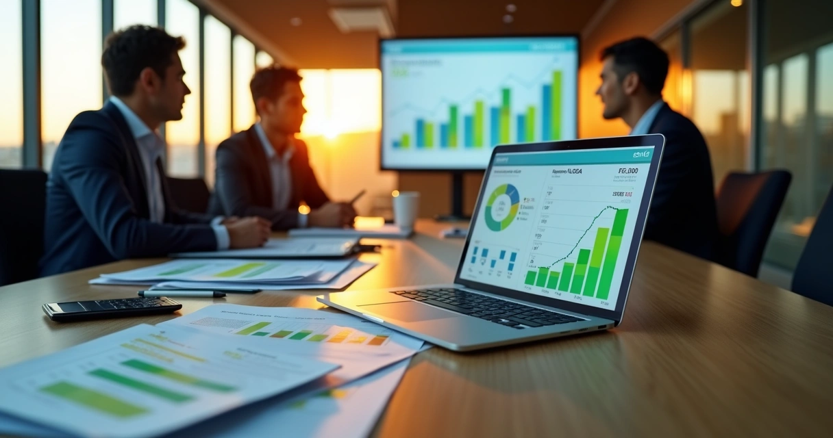Executivos analisando gráficos de incentivo fiscal e métricas ESG em reunião corporativa 