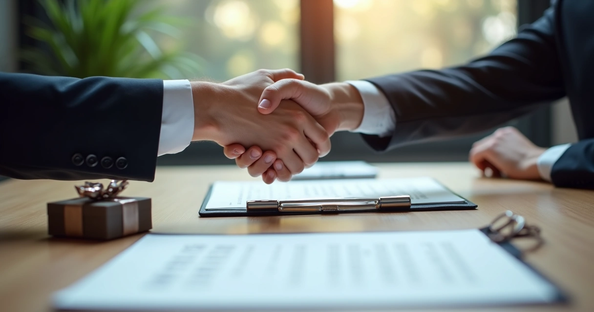 Mesa de reunião com mão apertando outra, um brinde discreto ao lado 