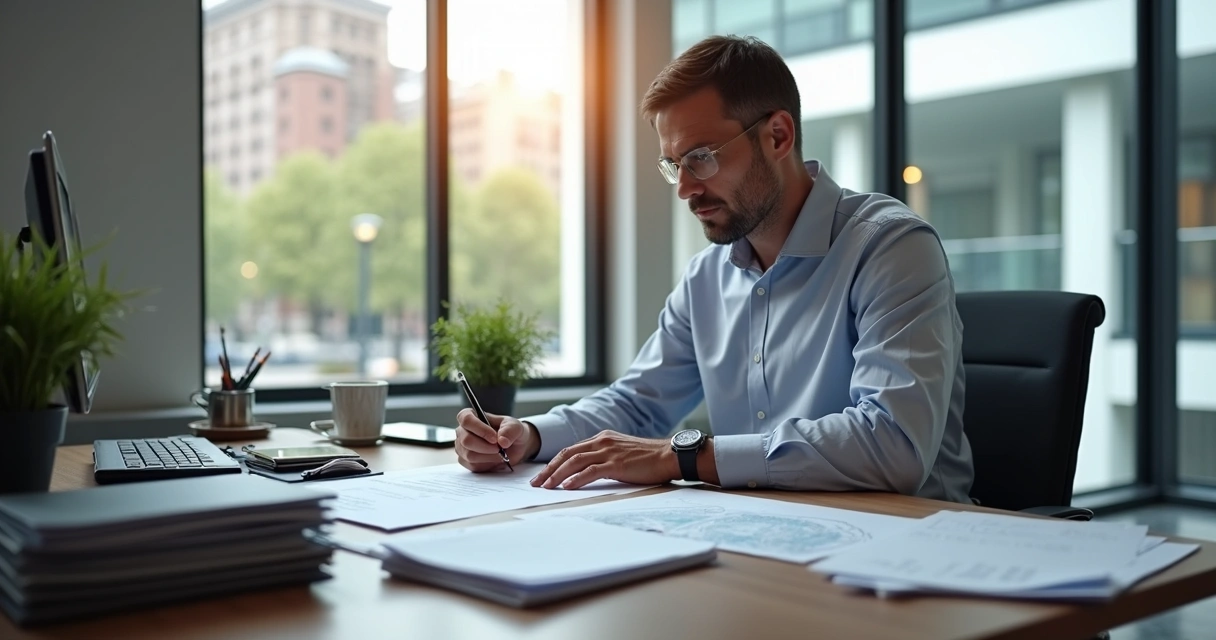 Empresário sentado com pilhas de documentos fiscais analisando incentivos oferecidos pela prefeitura local 