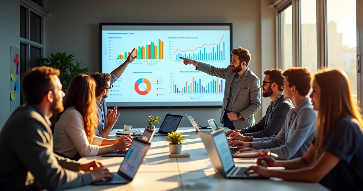 Reunião de equipe de tecnologia discutindo métricas e resultados em sala de reunião moderna