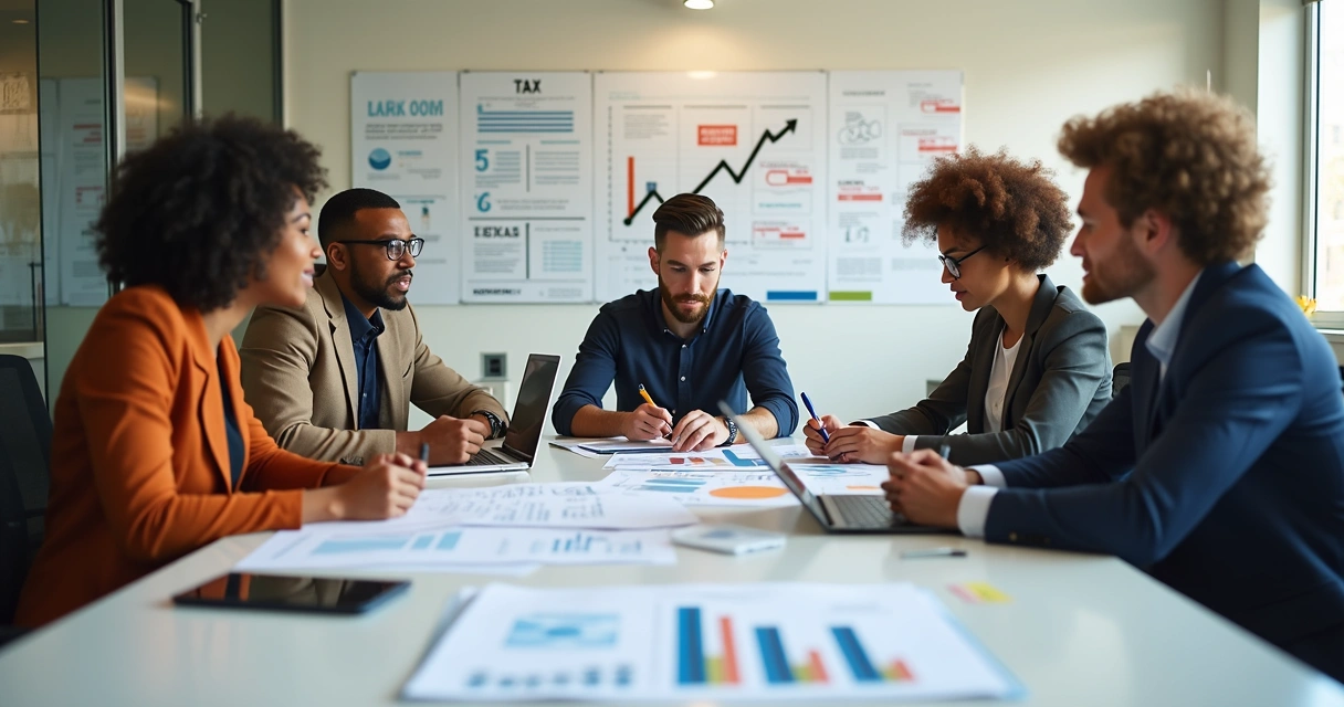 Sala de trabalho de startup com jovens organizando papéis de benefícios fiscais 