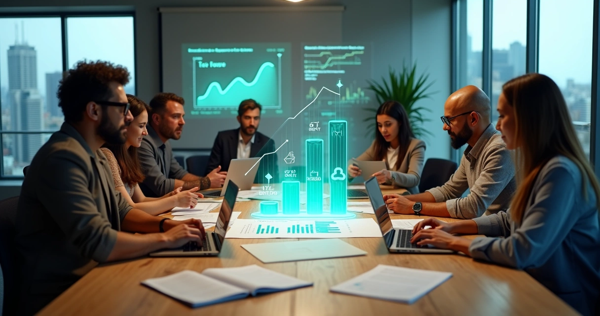 Equipe de startup analisando gráficos financeiros com destaque para economia de impostos 
