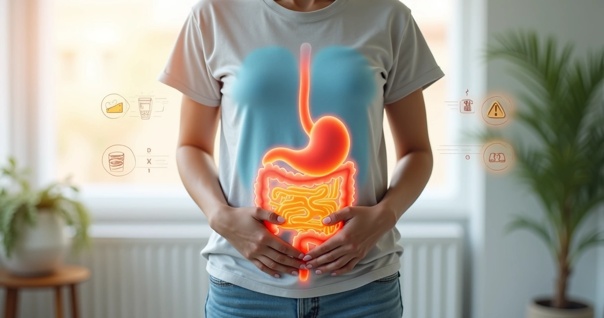 Abdômen levemente distendido com ilustração do sistema digestivo em destaque 