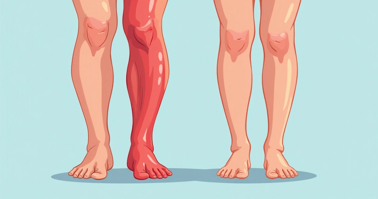 Perna com inchaço evidente abaixo do joelho, comparada à perna saudável ao lado 
